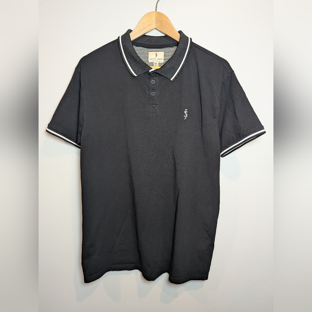 Scott James Men's Size XL Black Polo Shirt with White Trim And Embroidered Logo